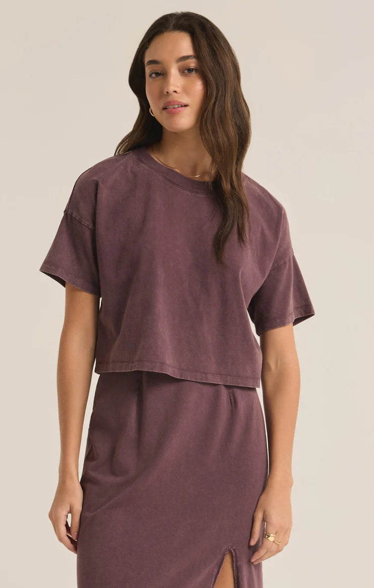 z supply sway cotton jersey cropped tee in cocoa berry-front