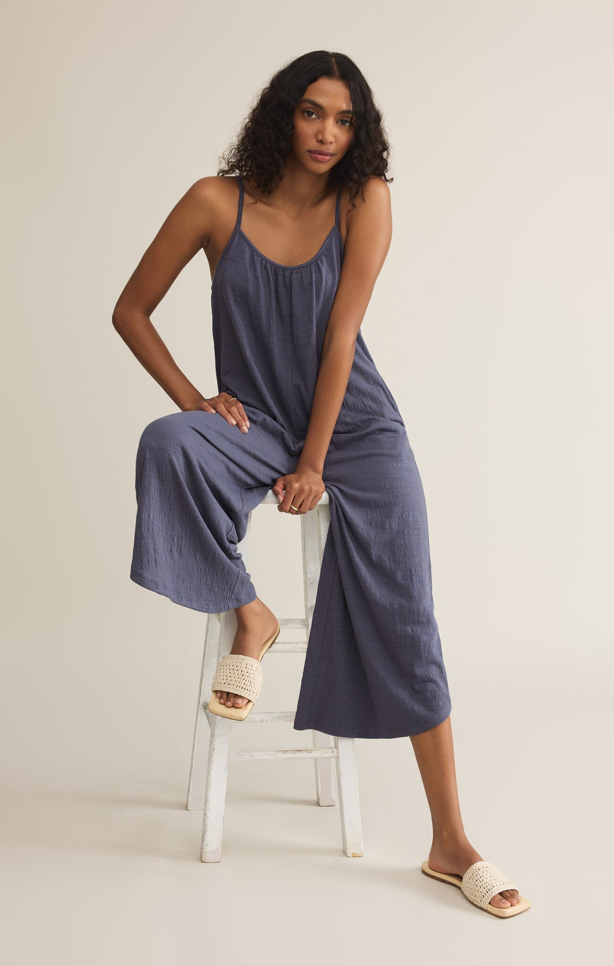 Z SUPPLY Textured Flared Jumpsuit in worn blue-front