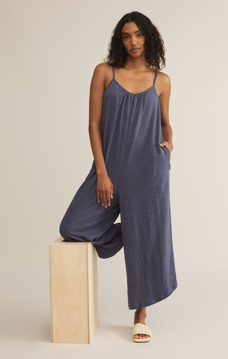 Z SUPPLY Textured Flared Jumpsuit in worn blue-front