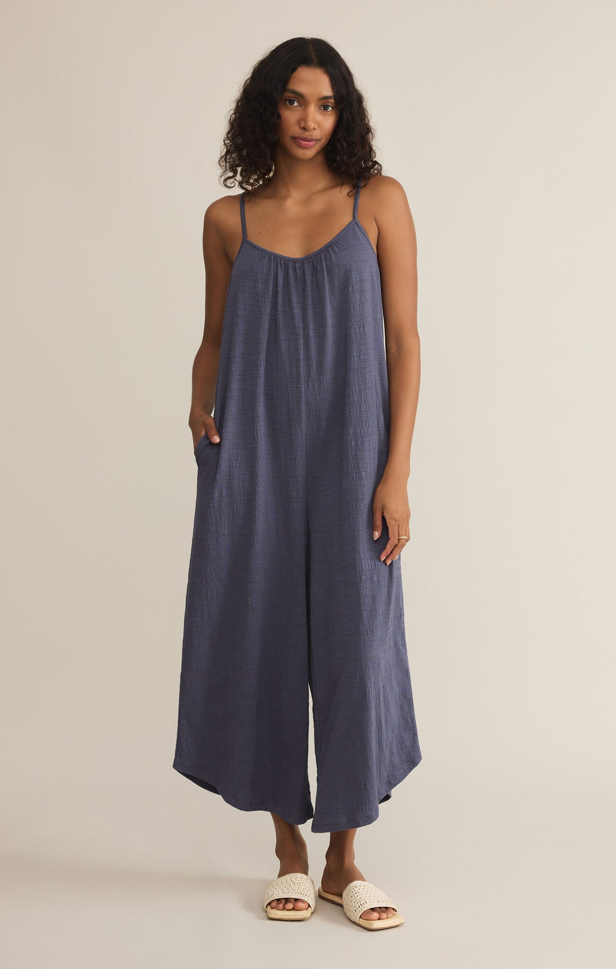 Z SUPPLY Textured Flared Jumpsuit in worn blue-front