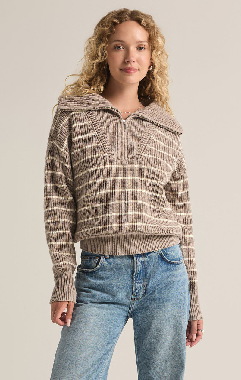 Z SUPPLY Villa Half Zip Stripe Sweater in heather taupe-front