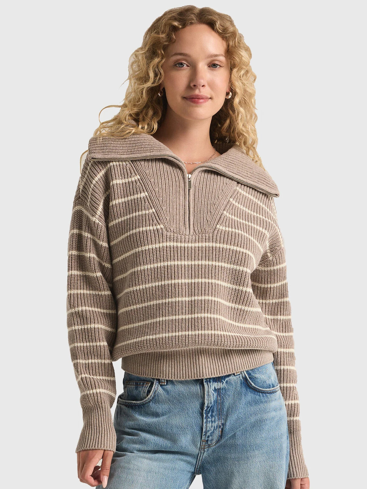 Z SUPPLY Villa Half Zip Stripe Sweater in heather taupe-front