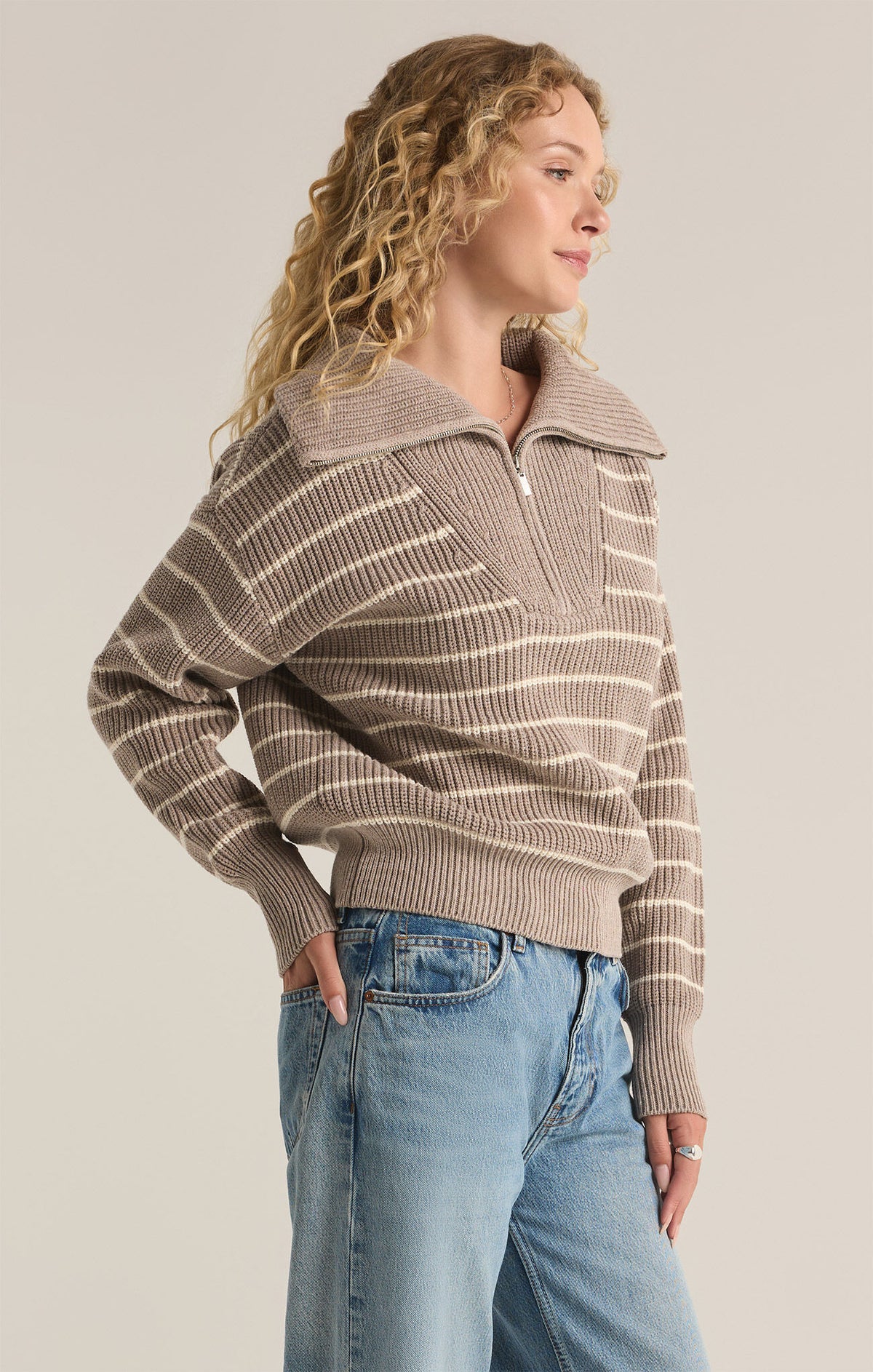 Z SUPPLY Villa Half Zip Stripe Sweater in heather taupe-side