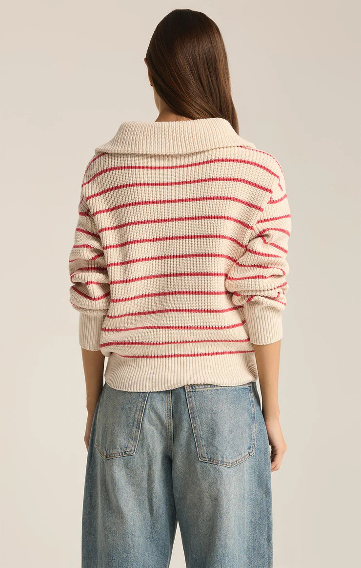 Z SUPPLY Villa Half Zip Stripe Sweater in red pepper-back