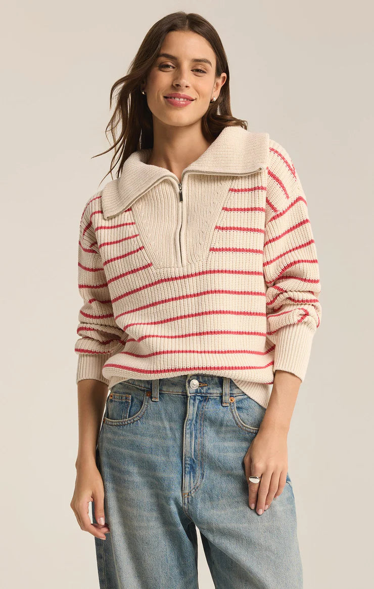 Z SUPPLY Villa Half Zip Stripe Sweater in red pepper-front