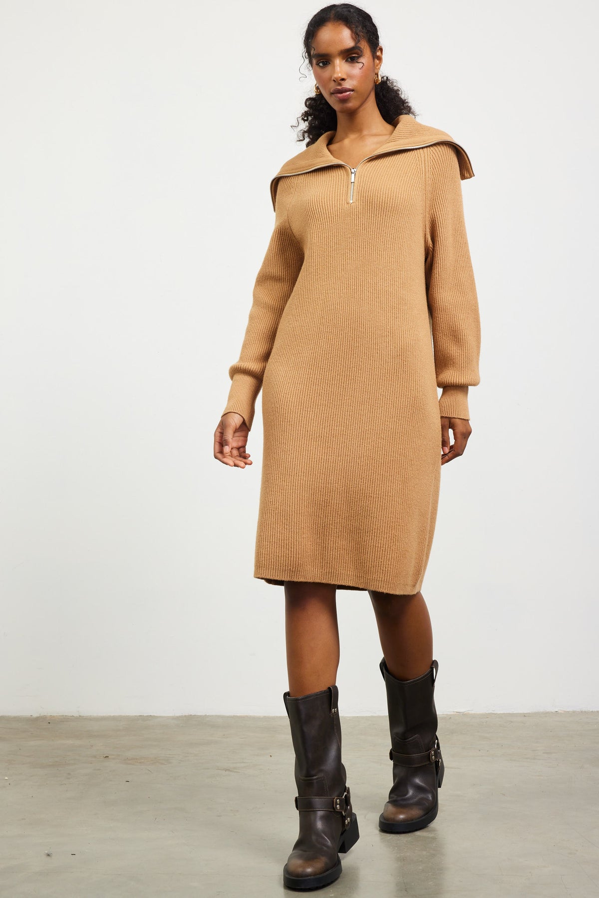 Zip Up Mock Neck Sweater Dress